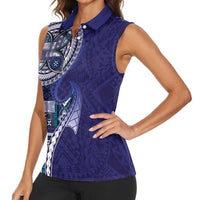 Samoan Siapo Art Tattoo Polynesian Pattern Women Sleeveless Polo Shirt Navy Color - Polynesian Pride