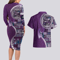 Samoan Siapo Art Tattoo Polynesian Pattern Couples Matching Long Sleeve Bodycon Dress and Hawaiian Shirt Purple Color - Polynesian Pride