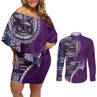Samoan Siapo Art Tattoo Polynesian Pattern Couples Matching Off Shoulder Short Dress and Long Sleeve Button Shirt Purple Color - Polynesian Pride