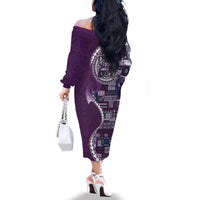 Samoan Siapo Art Tattoo Polynesian Pattern Family Matching Off The Shoulder Long Sleeve Dress and Hawaiian Shirt Purple Color - Polynesian Pride