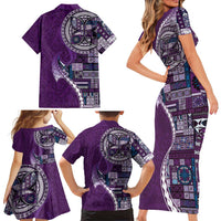 Samoan Siapo Art Tattoo Polynesian Pattern Family Matching Short Sleeve Bodycon Dress and Hawaiian Shirt Purple Color - Polynesian Pride