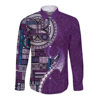 Samoan Siapo Art Tattoo Polynesian Pattern Long Sleeve Button Shirt Purple Color - Polynesian Pride