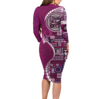 Samoan Siapo Art Tattoo Polynesian Pattern Family Matching Long Sleeve Bodycon Dress and Hawaiian Shirt Pink Color - Polynesian Pride
