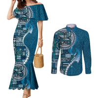 Samoan Siapo Art Tattoo Polynesian Pattern Couples Matching Mermaid Dress and Long Sleeve Button Shirt Teal Color - Polynesian Pride
