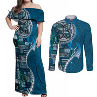 Samoan Siapo Art Tattoo Polynesian Pattern Couples Matching Off Shoulder Maxi Dress and Long Sleeve Button Shirt Teal Color - Polynesian Pride