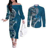Samoan Siapo Art Tattoo Polynesian Pattern Couples Matching Off The Shoulder Long Sleeve Dress and Long Sleeve Button Shirt Teal Color - Polynesian Pride