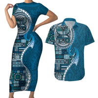 Samoan Siapo Art Tattoo Polynesian Pattern Couples Matching Short Sleeve Bodycon Dress and Hawaiian Shirt Teal Color - Polynesian Pride