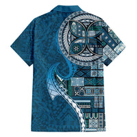 Samoan Siapo Art Tattoo Polynesian Pattern Family Matching Off Shoulder Short Dress and Hawaiian Shirt Teal Color - Polynesian Pride