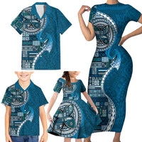 Samoan Siapo Art Tattoo Polynesian Pattern Family Matching Short Sleeve Bodycon Dress and Hawaiian Shirt Teal Color - Polynesian Pride
