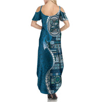 Samoan Siapo Art Tattoo Polynesian Pattern Family Matching Summer Maxi Dress and Hawaiian Shirt Teal Color - Polynesian Pride