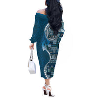 Samoan Siapo Art Tattoo Polynesian Pattern Off The Shoulder Long Sleeve Dress Teal Color - Polynesian Pride