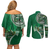 Samoan Siapo Art Tattoo Polynesian Pattern Couples Matching Off Shoulder Short Dress and Long Sleeve Button Shirt Green Color - Polynesian Pride