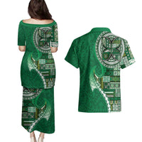 Samoan Siapo Art Tattoo Polynesian Pattern Couples Matching Puletasi and Hawaiian Shirt Green Color - Polynesian Pride