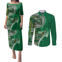 Samoan Siapo Art Tattoo Polynesian Pattern Couples Matching Puletasi and Long Sleeve Button Shirt Green Color - Polynesian Pride