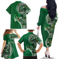 Samoan Siapo Art Tattoo Polynesian Pattern Family Matching Off The Shoulder Long Sleeve Dress and Hawaiian Shirt Green Color - Polynesian Pride