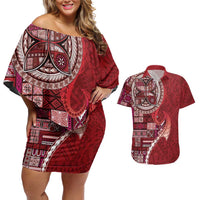 Samoan Siapo Art Tattoo Polynesian Pattern Couples Matching Off Shoulder Short Dress and Hawaiian Shirt Red Color - Polynesian Pride