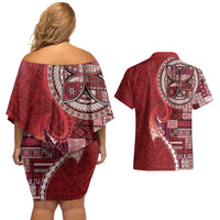 Samoan Siapo Art Tattoo Polynesian Pattern Couples Matching Off Shoulder Short Dress and Hawaiian Shirt Red Color - Polynesian Pride