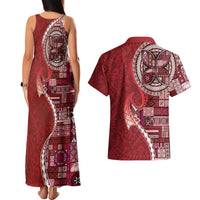 Samoan Siapo Art Tattoo Polynesian Pattern Couples Matching Tank Maxi Dress and Hawaiian Shirt Red Color - Polynesian Pride