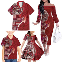 Samoan Siapo Art Tattoo Polynesian Pattern Family Matching Off The Shoulder Long Sleeve Dress and Hawaiian Shirt Red Color - Polynesian Pride