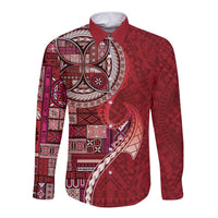 Samoan Siapo Art Tattoo Polynesian Pattern Long Sleeve Button Shirt Red Color - Polynesian Pride