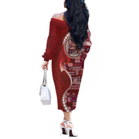 Samoan Siapo Art Tattoo Polynesian Pattern Off The Shoulder Long Sleeve Dress Red Color - Polynesian Pride