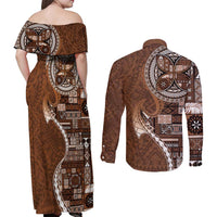 Samoan Siapo Art Tattoo Polynesian Pattern Couples Matching Off Shoulder Maxi Dress and Long Sleeve Button Shirt Brown Color - Polynesian Pride