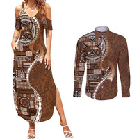Samoan Siapo Art Tattoo Polynesian Pattern Couples Matching Summer Maxi Dress and Long Sleeve Button Shirt Brown Color - Polynesian Pride