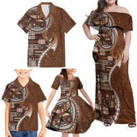 Samoan Siapo Art Tattoo Polynesian Pattern Family Matching Off Shoulder Maxi Dress and Hawaiian Shirt Brown Color - Polynesian Pride