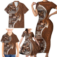 Samoan Siapo Art Tattoo Polynesian Pattern Family Matching Short Sleeve Bodycon Dress and Hawaiian Shirt Brown Color - Polynesian Pride