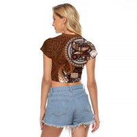 Samoan Siapo Art Tattoo Polynesian Pattern Raglan Cropped T Shirt Brown Color - Polynesian Pride