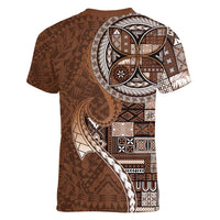Samoan Siapo Art Tattoo Polynesian Pattern Women V-Neck T-Shirt Brown Color - Polynesian Pride
