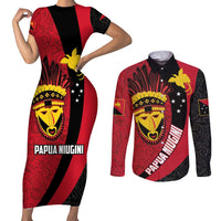 Papua New Guinea Mask Festival Couples Matching Short Sleeve Bodycon Dress and Long Sleeve Button Shirt Papua Niugini Tribe Mask Melanesian Pattern