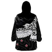 New Zealand Kea Bird Wearable Blanket Hoodie Maori Tattoo and Silver Fern Black Color