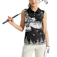 New Zealand Kea Bird Women Sleeveless Polo Shirt Maori Tattoo and Silver Fern Black Color
