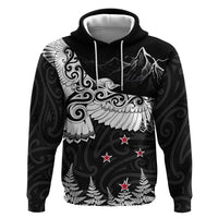 New Zealand Kea Bird Zip Hoodie Maori Tattoo and Silver Fern Black Color