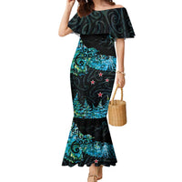 New Zealand Kea Bird Family Matching Mermaid Dress and Hawaiian Shirt Maori Tattoo and Silver Fern Paua Shell Style