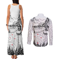 New Zealand Kea Bird Couples Matching Tank Maxi Dress and Long Sleeve Button Shirt Maori Tattoo and Silver Fern White Color