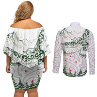 New Zealand Kea Bird Couples Matching Off Shoulder Short Dress and Long Sleeve Button Shirt Maori Tattoo and Silver Fern Green Color