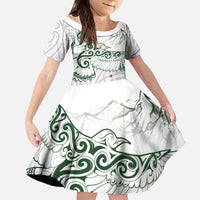 New Zealand Kea Bird Kid Short Sleeve Dress Maori Tattoo and Silver Fern Green Color