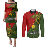Custom Papua New Guinea Eastern Highlands Province Couples Matching Puletasi Dress and Long Sleeve Button Shirts PNG Birds Of Paradise Polynesian Arty Style LT03 Green - Polynesian Pride