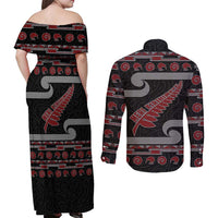 New Zealand Christmas Couples Matching Off Shoulder Maxi Dress and Long Sleeve Button Shirt Meri Kirihimete Silver Fern Knit Style Red Color - Polynesian Pride