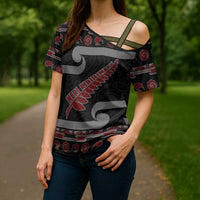 New Zealand Christmas Cross Shoulder Shirt Meri Kirihimete Silver Fern Knit Style Red Color - Polynesian Pride