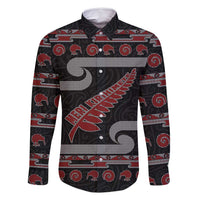 New Zealand Christmas Family Matching Off Shoulder Maxi Dress and Hawaiian Shirt Meri Kirihimete Silver Fern Knit Style Red Color - Polynesian Pride