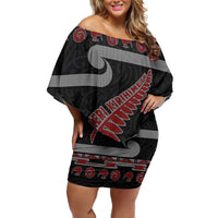 New Zealand Christmas Family Matching Off Shoulder Short Dress and Hawaiian Shirt Meri Kirihimete Silver Fern Knit Style Red Color - Polynesian Pride