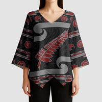 New Zealand Christmas Kimono Sleeve Blouse Meri Kirihimete Silver Fern Knit Style Red Color - Polynesian Pride