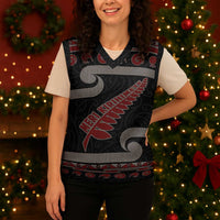 New Zealand Christmas Knitted V-Neck Vest Meri Kirihimete Silver Fern Knit Style Red Color - Polynesian Pride