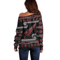 New Zealand Christmas Off Shoulder Sweater Meri Kirihimete Silver Fern Knit Style Red Color - Polynesian Pride