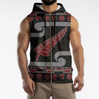 New Zealand Christmas Sleeveless Zip Hoodie Meri Kirihimete Silver Fern Knit Style Red Color - Polynesian Pride