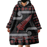 New Zealand Christmas Wearable Blanket Hoodie Meri Kirihimete Silver Fern Knit Style Red Color - Polynesian Pride