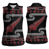 New Zealand Christmas Women Sleeveless Polo Shirt Meri Kirihimete Silver Fern Knit Style Red Color - Polynesian Pride